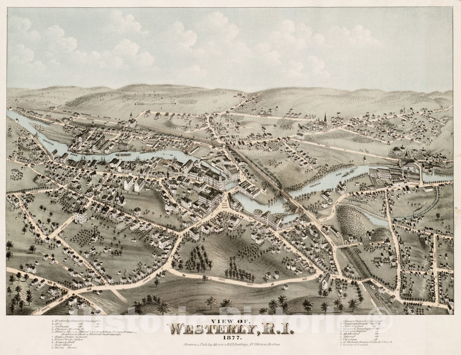 Historical Map, View of Westerly, R.I : 1877, Vintage Wall Art