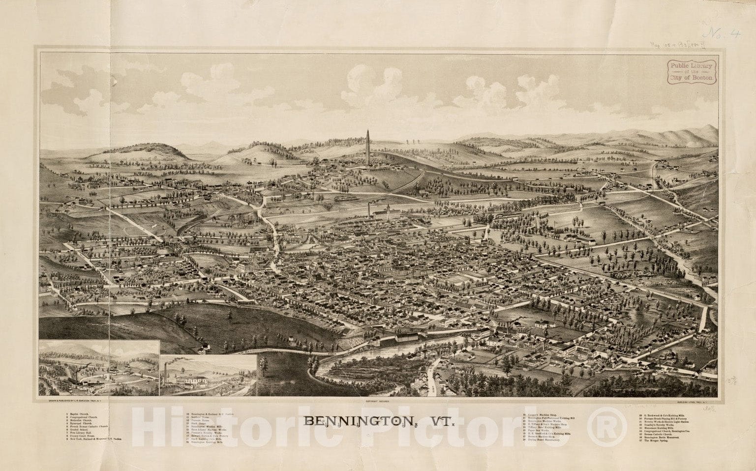 Historical Map, Bennington, Vt : [1887], Vintage Wall Art