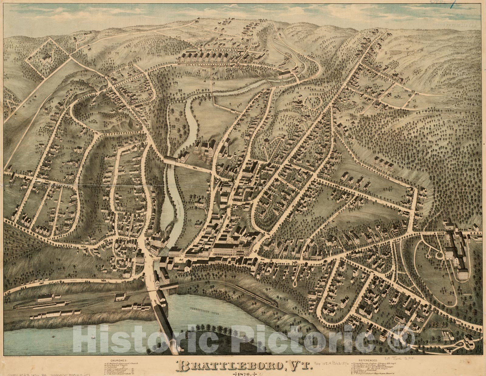 Historical Map, Brattleboro, Vt : 1876, Vintage Wall Art