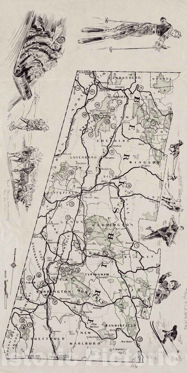 Historical Map, 1936 Winter Sports map of The Berkshire Hills, Vintage Wall Art