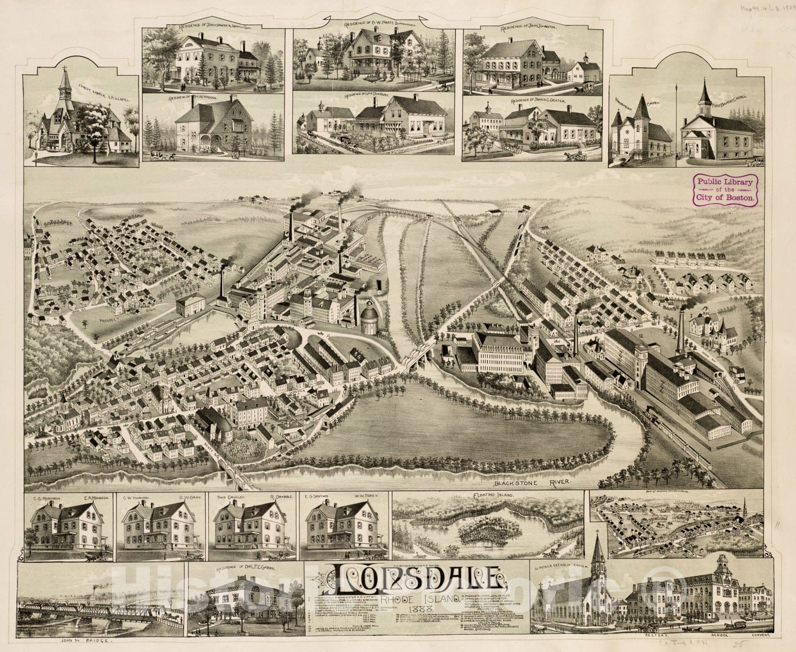 Historical Map, Lonsdale, Rhode Island : 1888, Vintage Wall Art