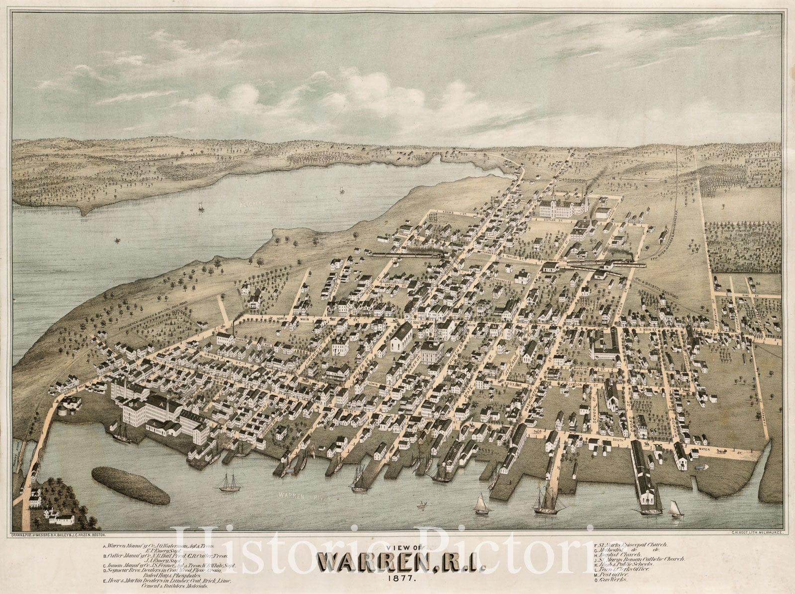 Historical Map, View of Warren, R.I : 1877, Vintage Wall Art