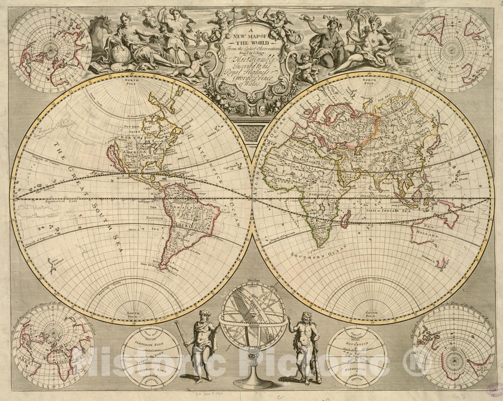Historical Map, 1721 A New map of The World from The Latest observations, Vintage Wall Art