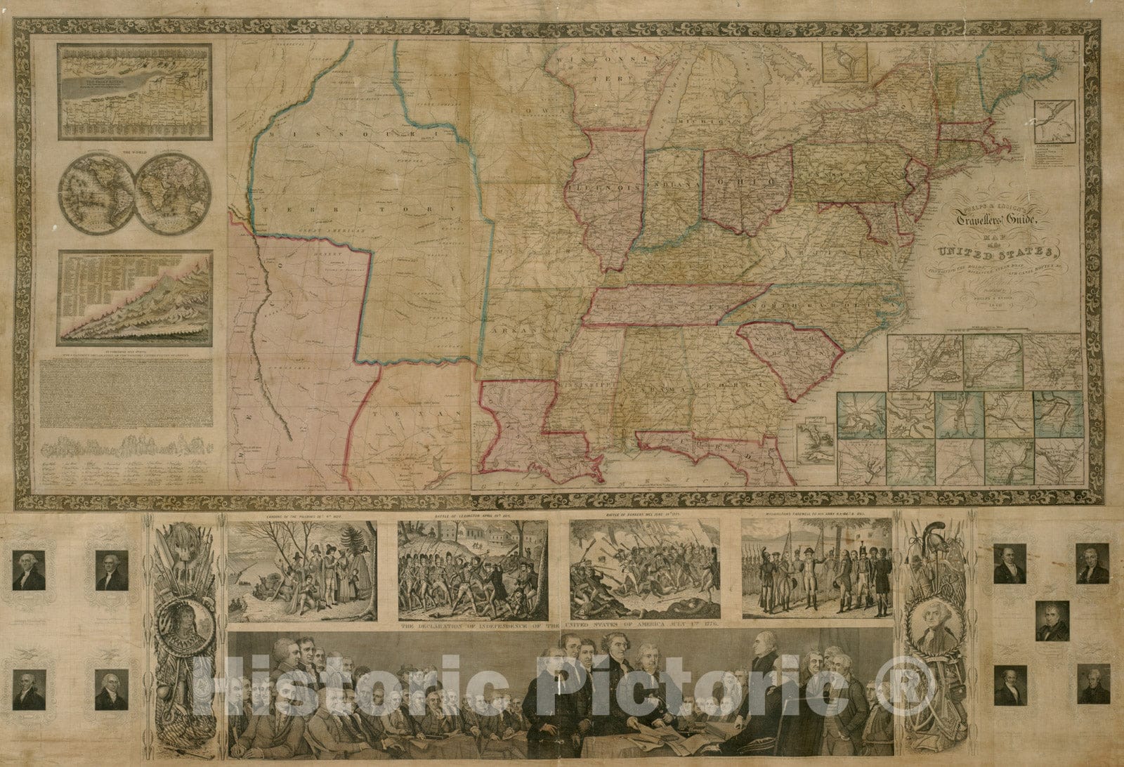 Historical Map, 1840 Phelps & Ensign's travellers' guide, and map of the United States, containing the roads, distances, steam boat and canal routes et cetera, Vintage Wall Art
