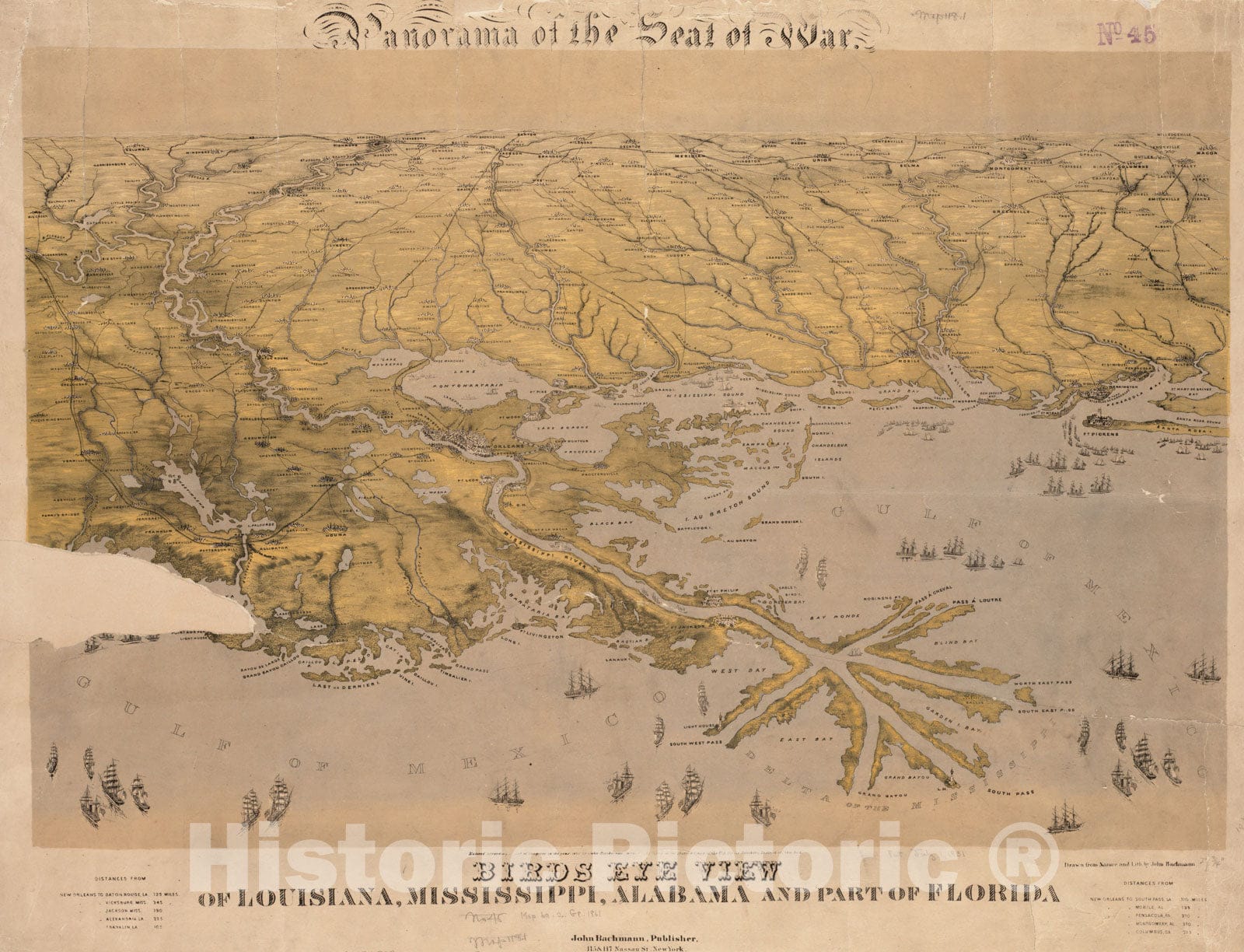 Historical Map, 1861 Birds Eye View of Louisiana, Mississippi, Alabama and Part of Florida, Vintage Wall Art