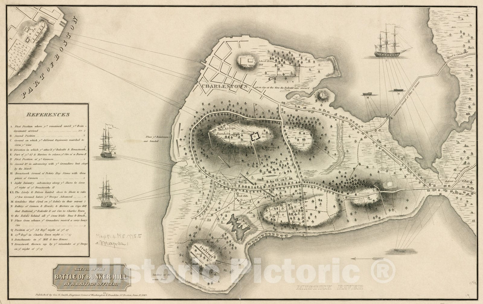 Historical Map, 1843 Sketch of The Battle of Bunker Hill, Vintage Wall Art