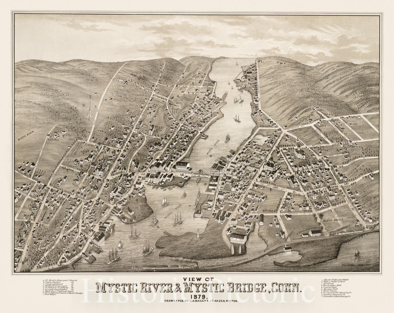 Historical Map, View of Mystic River & Mystic Bridge, Conn. 1879, Vintage Wall Art
