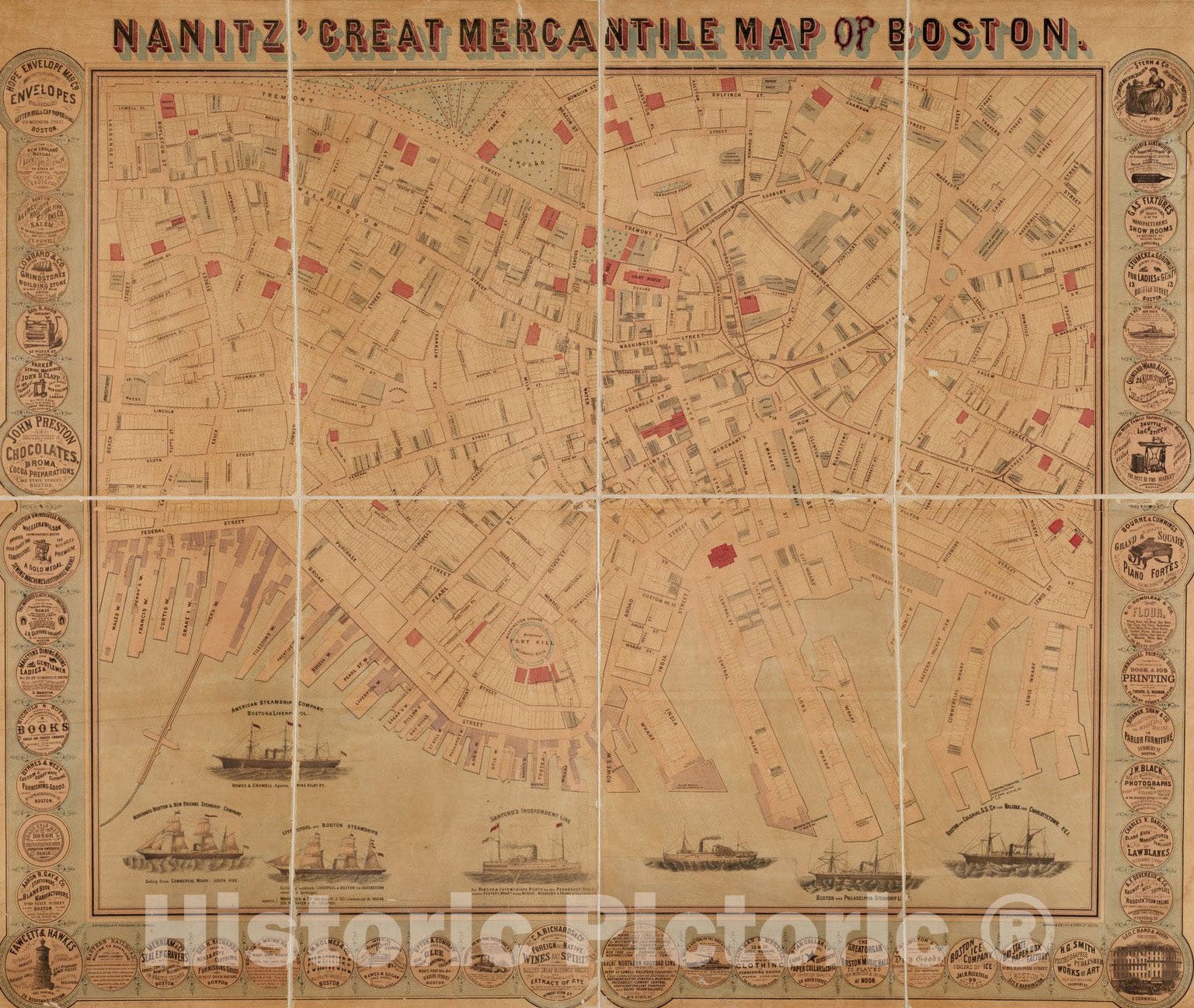 Historical Map, 1869 Nanitz' Great mercantile map of Boston, Vintage Wall Art
