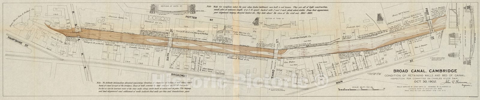 Historical Map, Broad Canal, Cambridge : Condition of retaining Walls and Bed of Canal, Inspection for Committee on Charles River Dam, Oct. 30, 1902, Vintage Wall Art