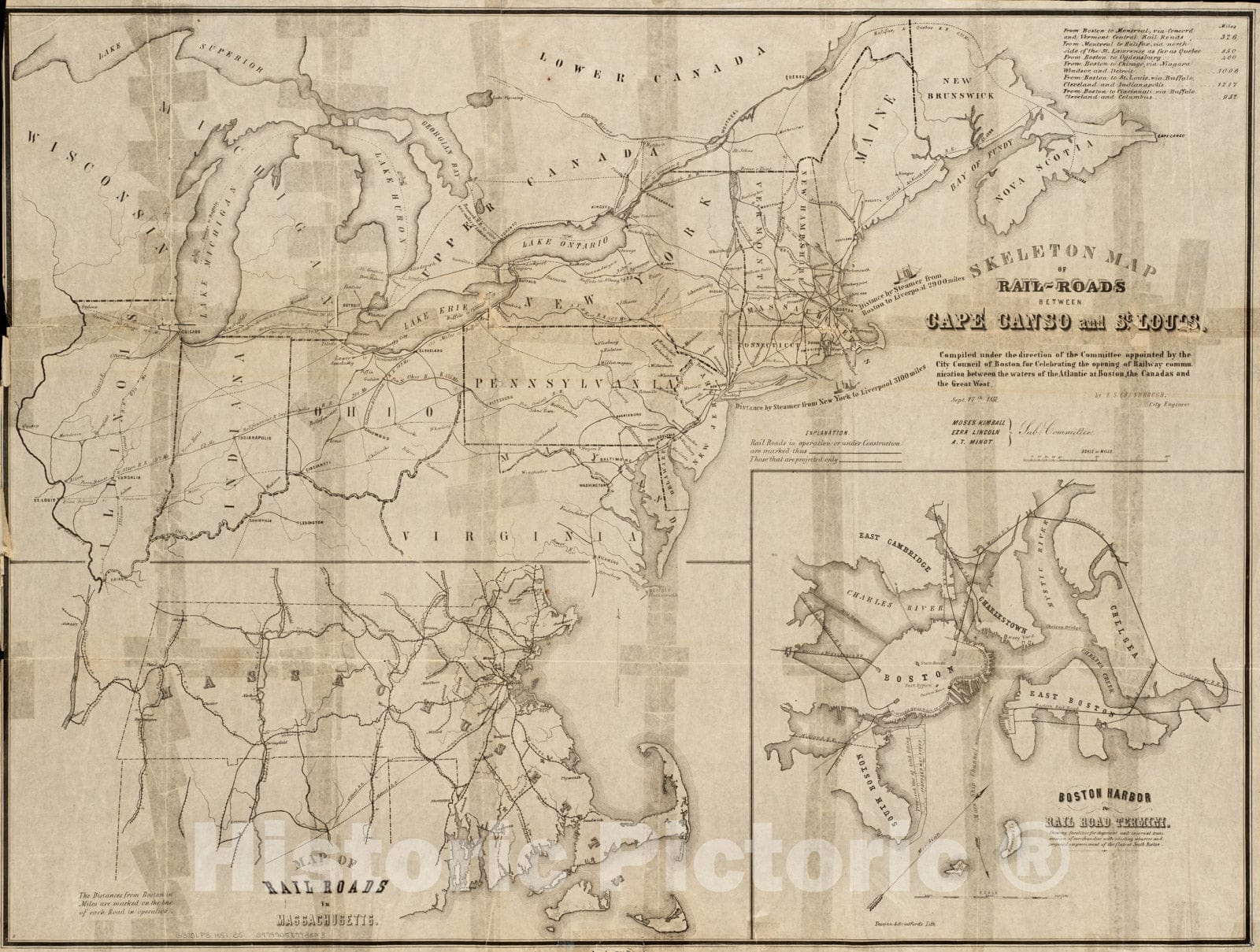 Historical Map, 1851 Skeleton map of Rail-Roads Between Cape Canso and St. Louis, Vintage Wall Art