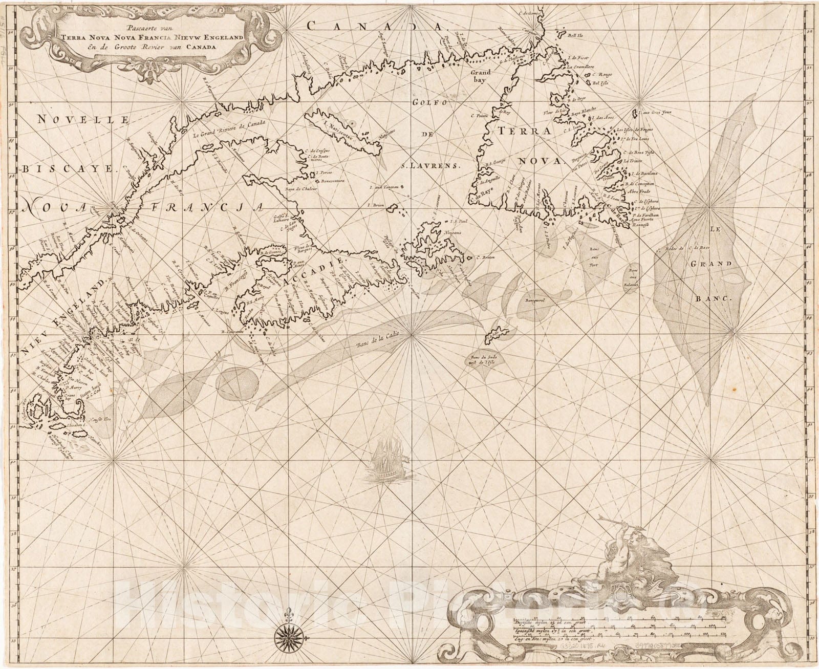 Historical Map, 1675 Pascaerte Van Terra Nova Nova Francia Nievw Engeland En de Groote Revier Van Canada, Vintage Wall Art