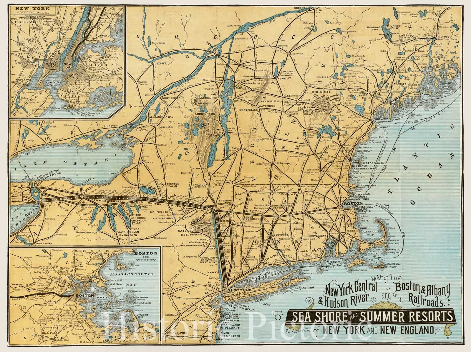 Historical Map, c.1882 Map of The New York Central & Hudson River and Boston & Albany Railroads : sea Shore and Summer Resorts of New York and New England, Vintage Wall Art