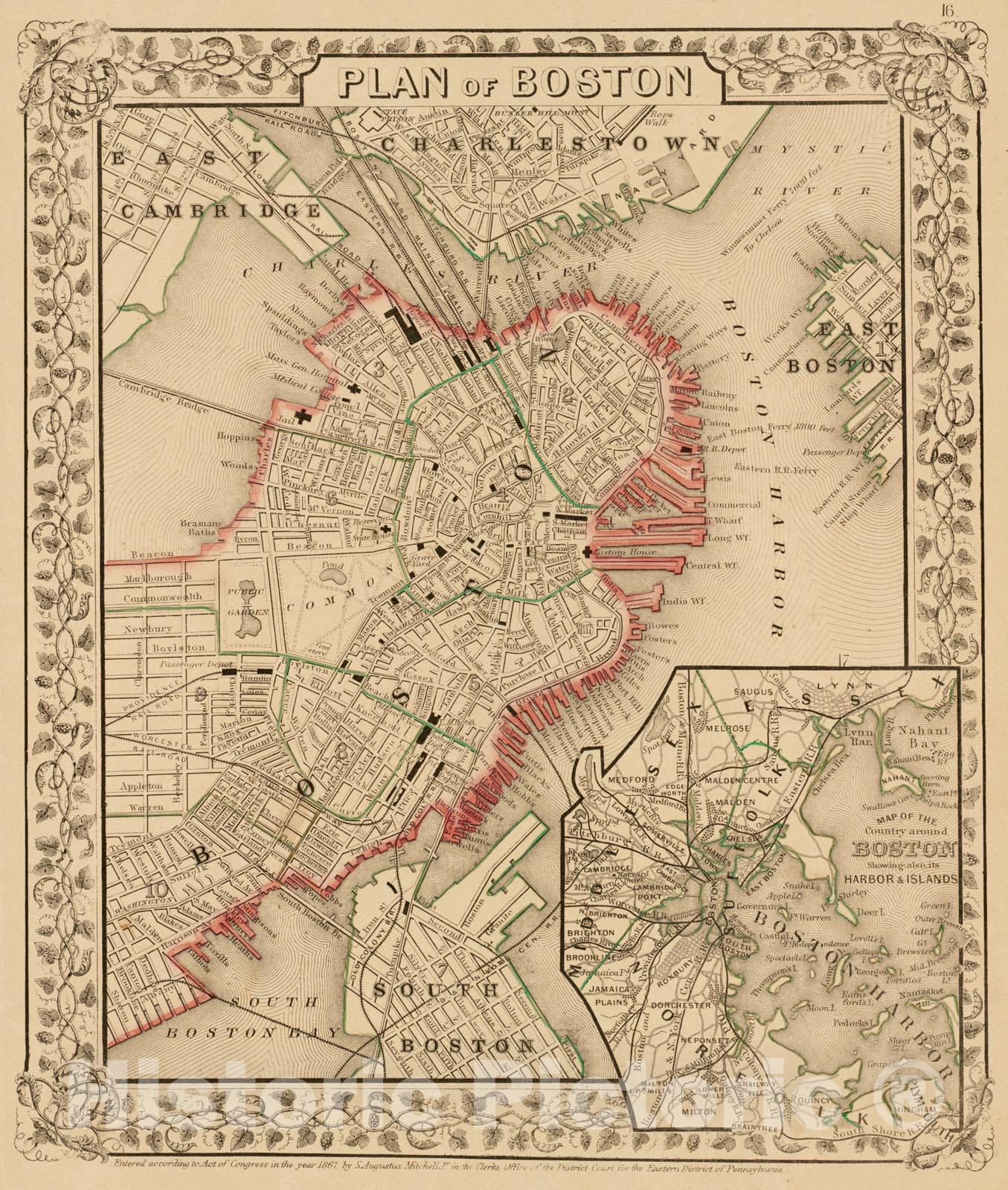 Historical Map, 1868 Plan of Boston, Vintage Wall Art