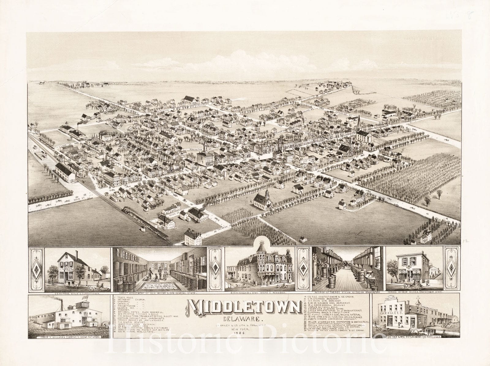 Historical Map, Middletown, Delaware : 1885, Vintage Wall Art