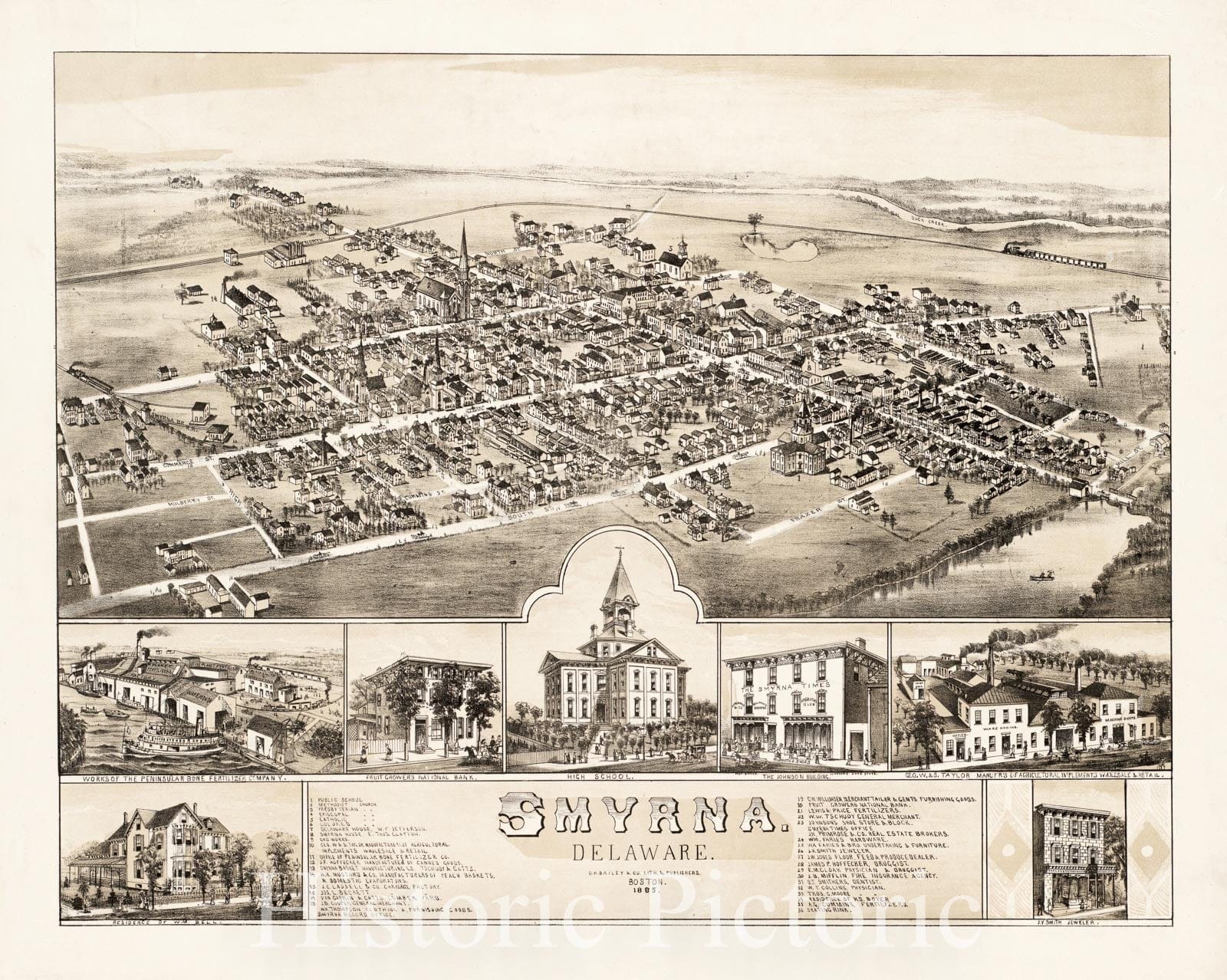 Historical Map, Smyrna, Delaware : 1885, Vintage Wall Art