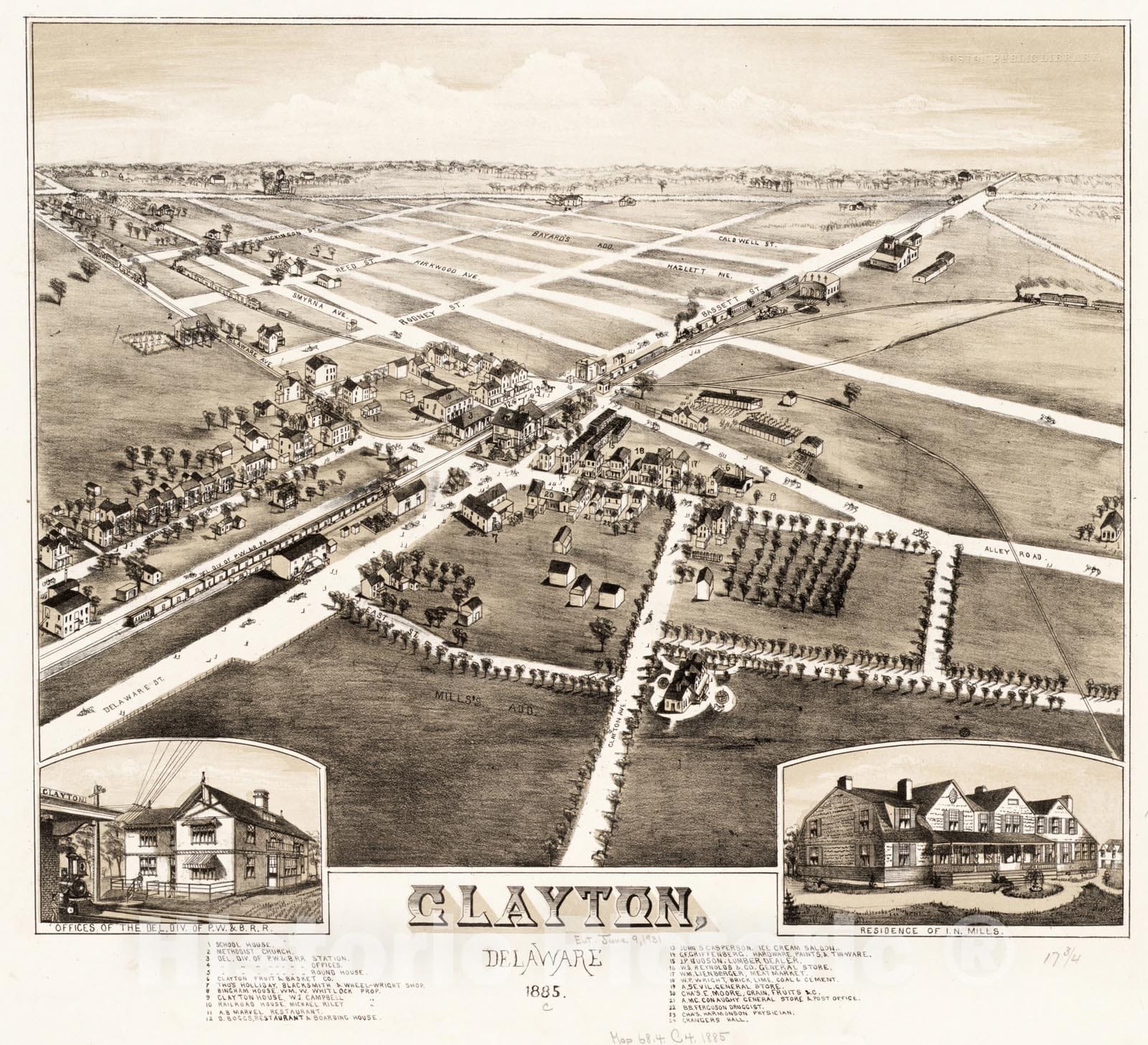 Historical Map, Clayton, Delaware : 1885, Vintage Wall Art
