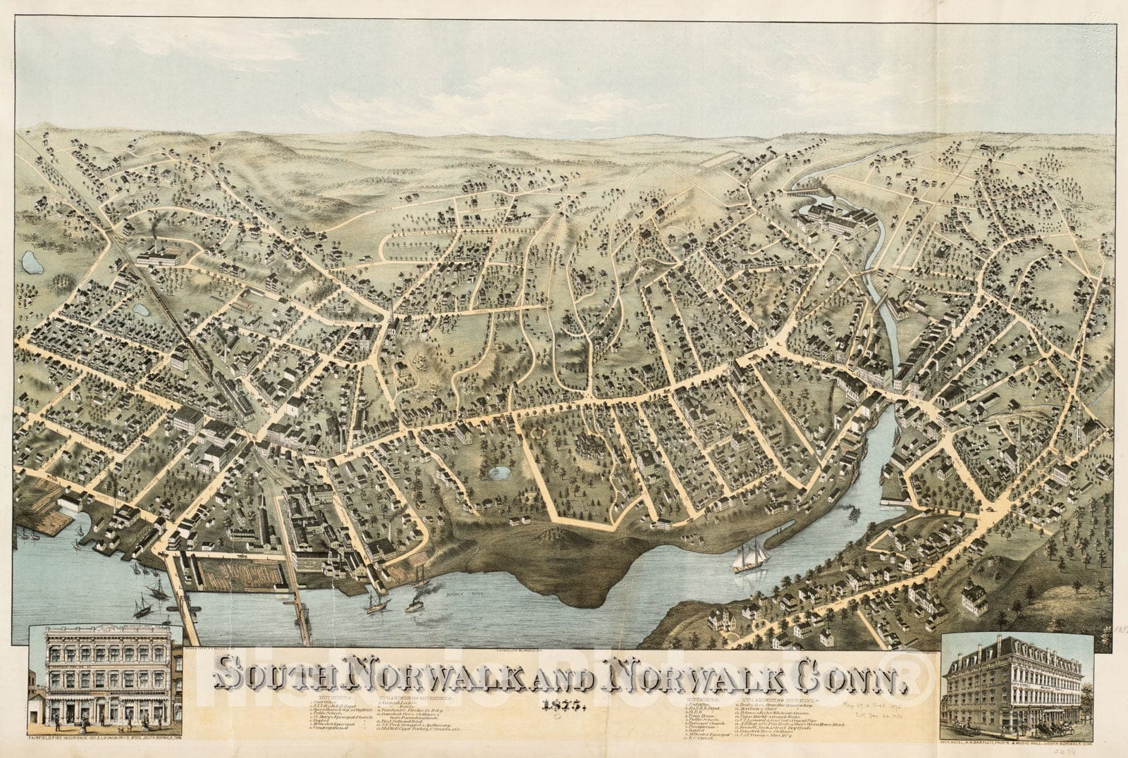 Historical Map, South Norwalk and Norwalk, Conn : 1875, Vintage Wall Art