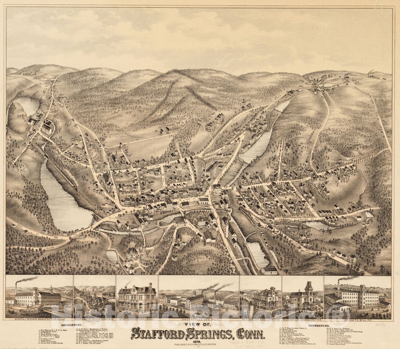Historical Map, View of Stafford Springs, Conn : 1878, Vintage Wall Art