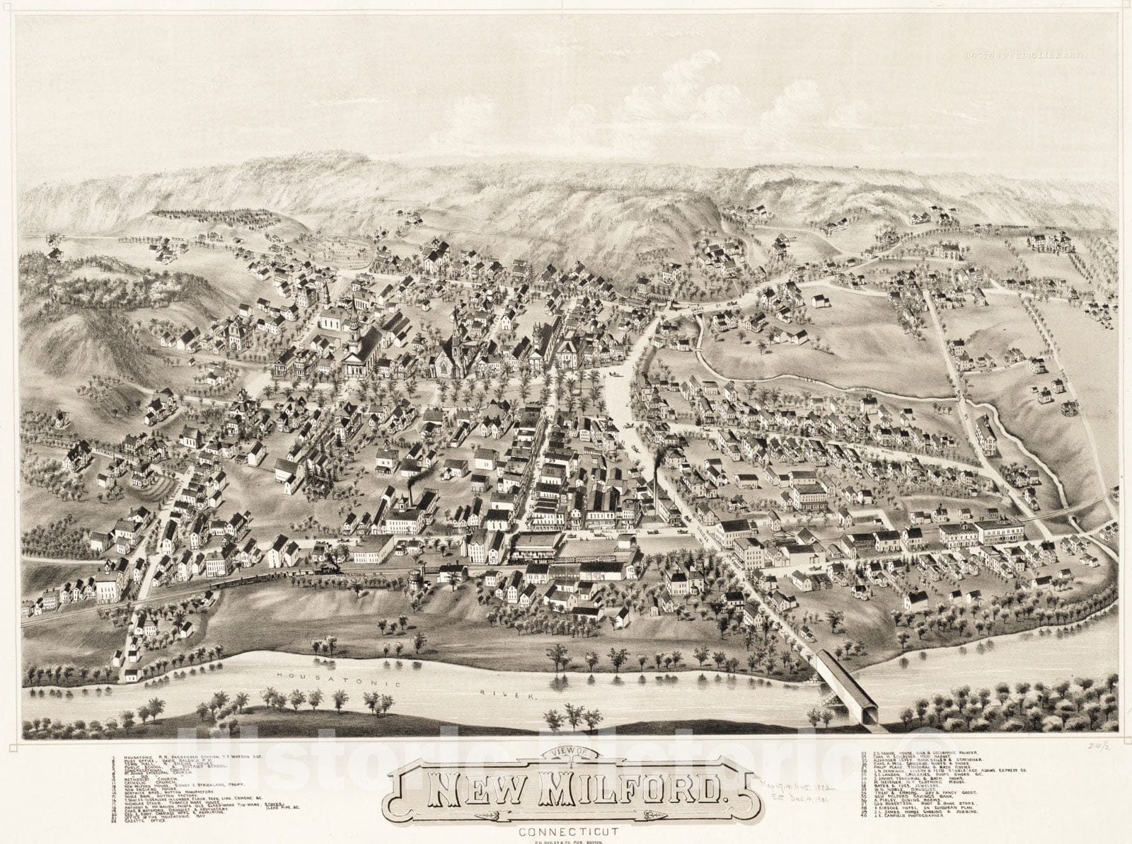 Historical Map, View of New Milford, Conn : 1882, Vintage Wall Art