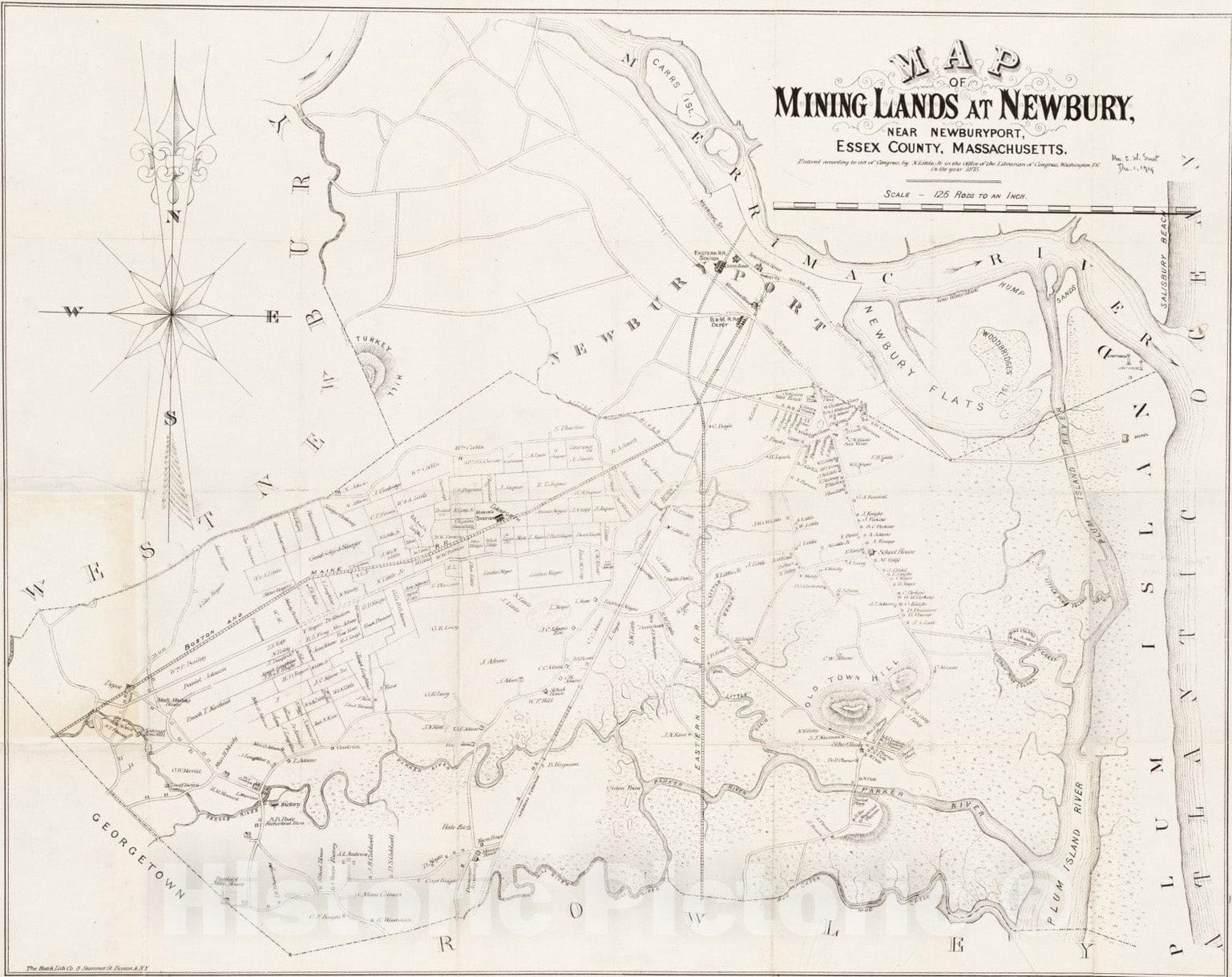 Historical Map, 1875 Map of Mining Lands at Newbury, Near Newburyport, Essex County, Massachusetts, Vintage Wall Art