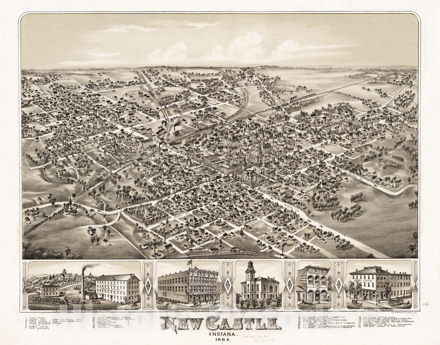 Historical Map, New Castle, Indiana : 1884, Vintage Wall Art
