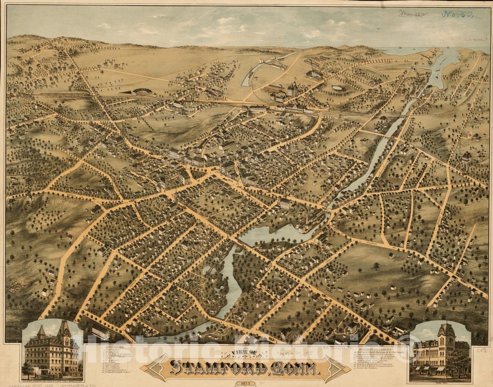 Historical Map, View of Stamford, Conn : 1875, Vintage Wall Art