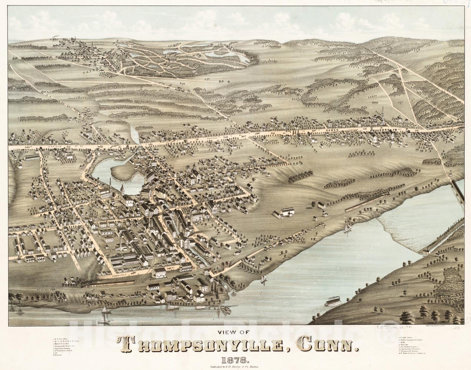 Historical Map, View of Thompsonville, Conn : 1878, Vintage Wall Art