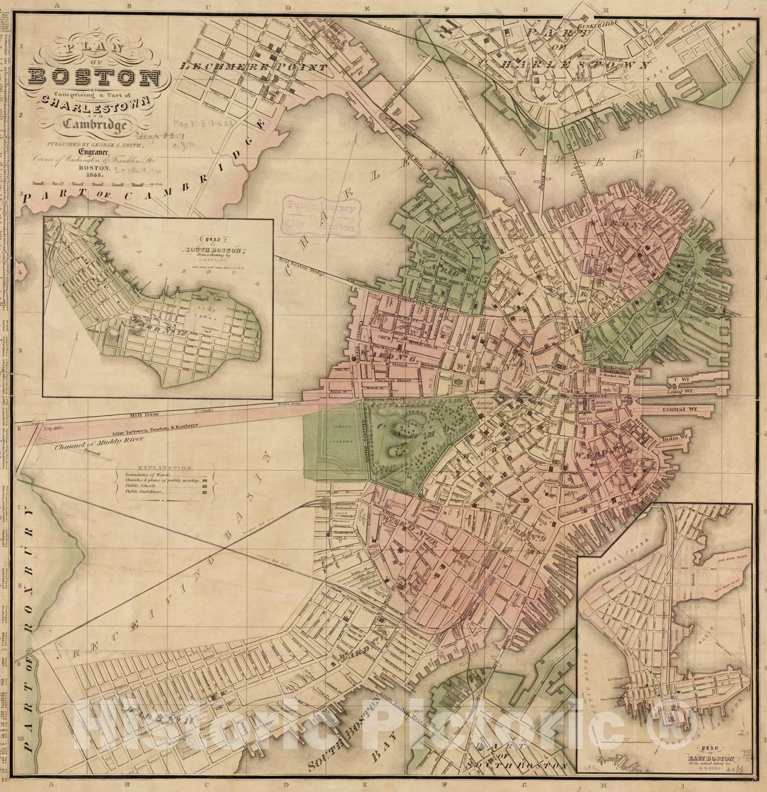 Historical Map, 1846 Plan of Boston comprising a Part of Charlestown and Cambridge, Vintage Wall Art