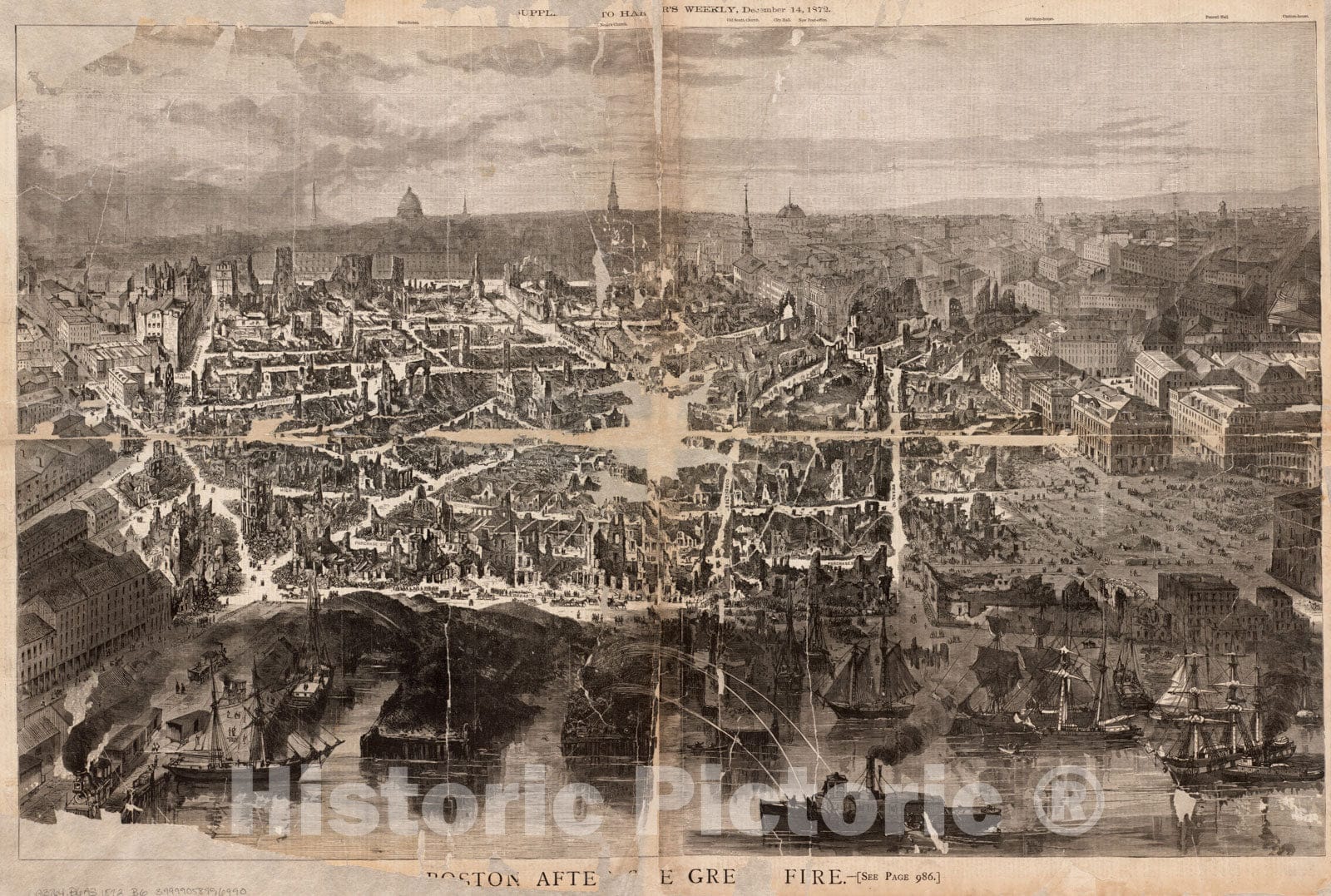 Historical Map, 1872 Boston After The Great fire, Vintage Wall Art