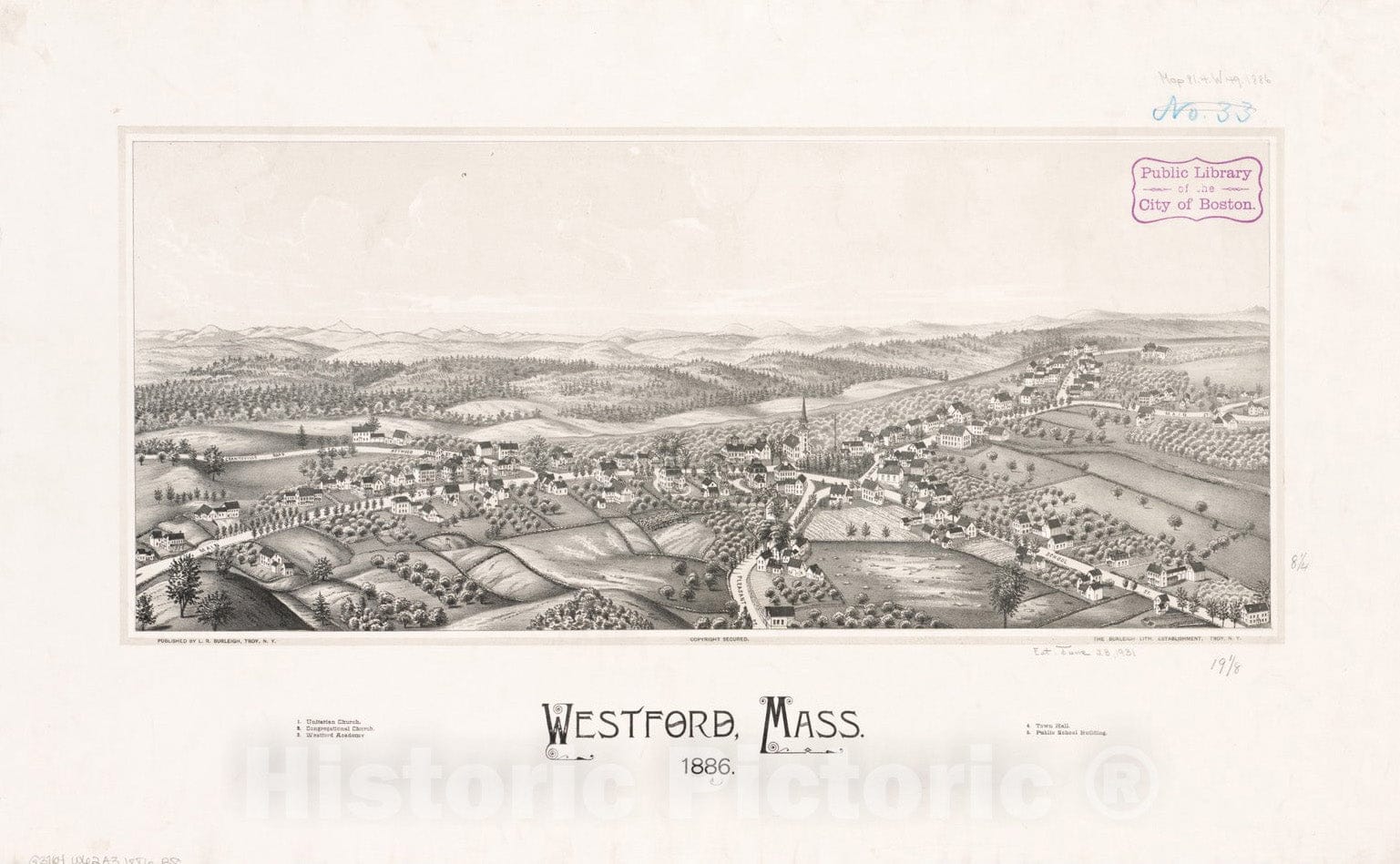 Historical Map, Westford, Mass : 1886, Vintage Wall Art