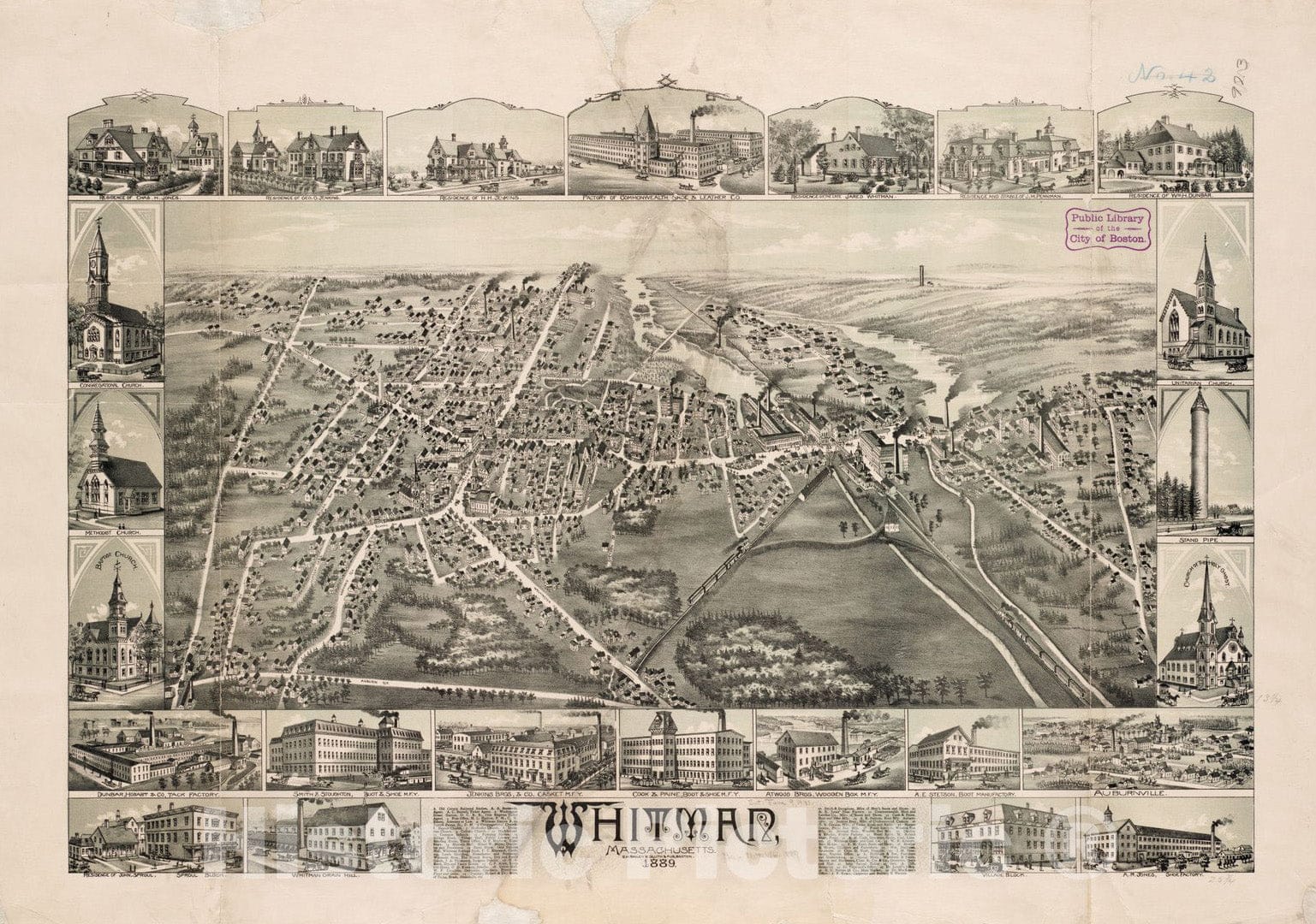 Historical Map, Whitman, Massachusetts : 1889, Vintage Wall Art