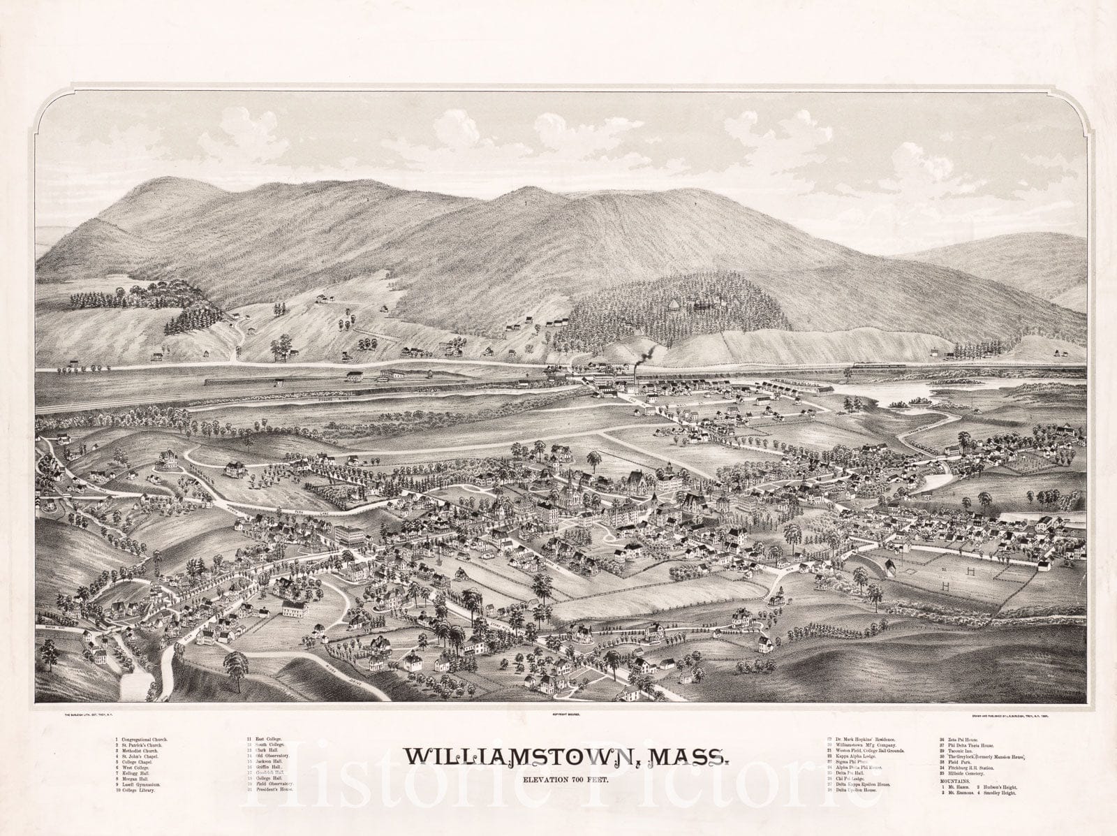 Historical Map, 1889 Williamstown, Mass, Vintage Wall Art
