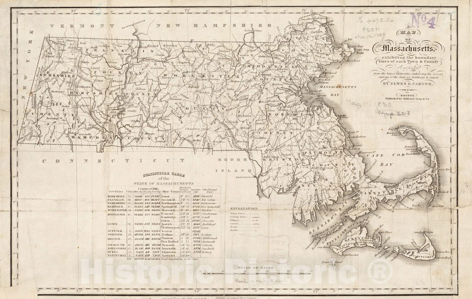 Historical Map, 1830 A map of Massachusetts, exhibiting The Boundary Lines of Each Town and County : compiled from The Latest Authorities, embracing The Recent surveys of, Vintage Wall Art