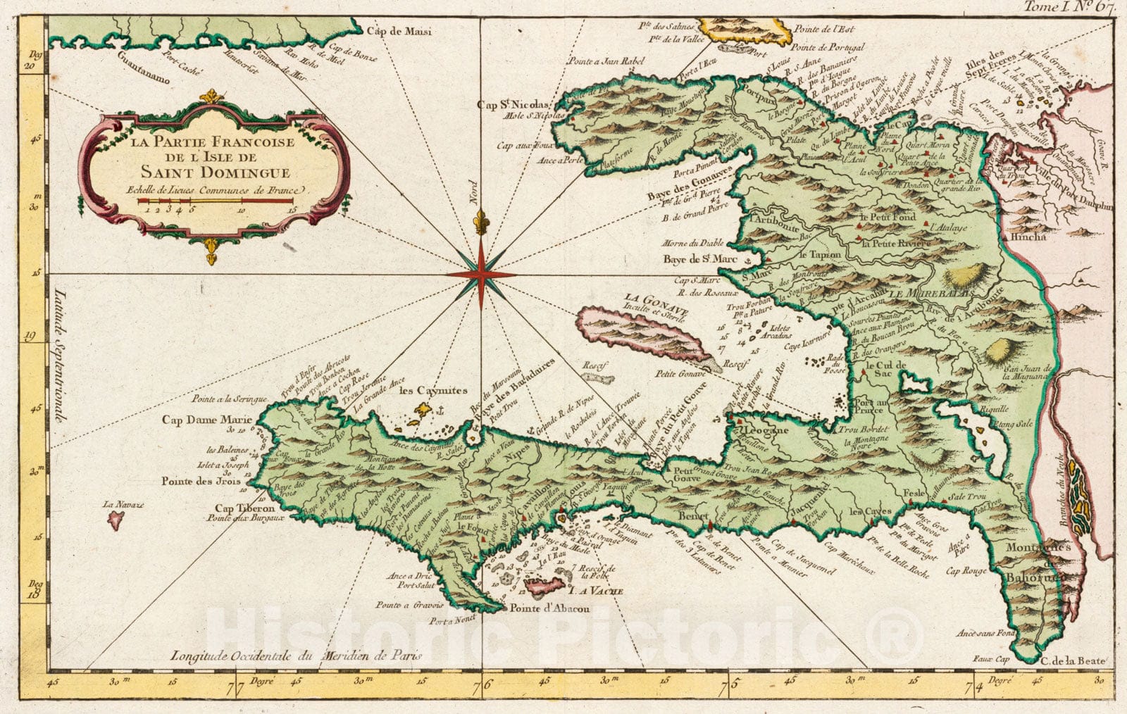 Historical Map, 1764 La Partie Francoise de l'isle de Saint Domingue, Vintage Wall Art