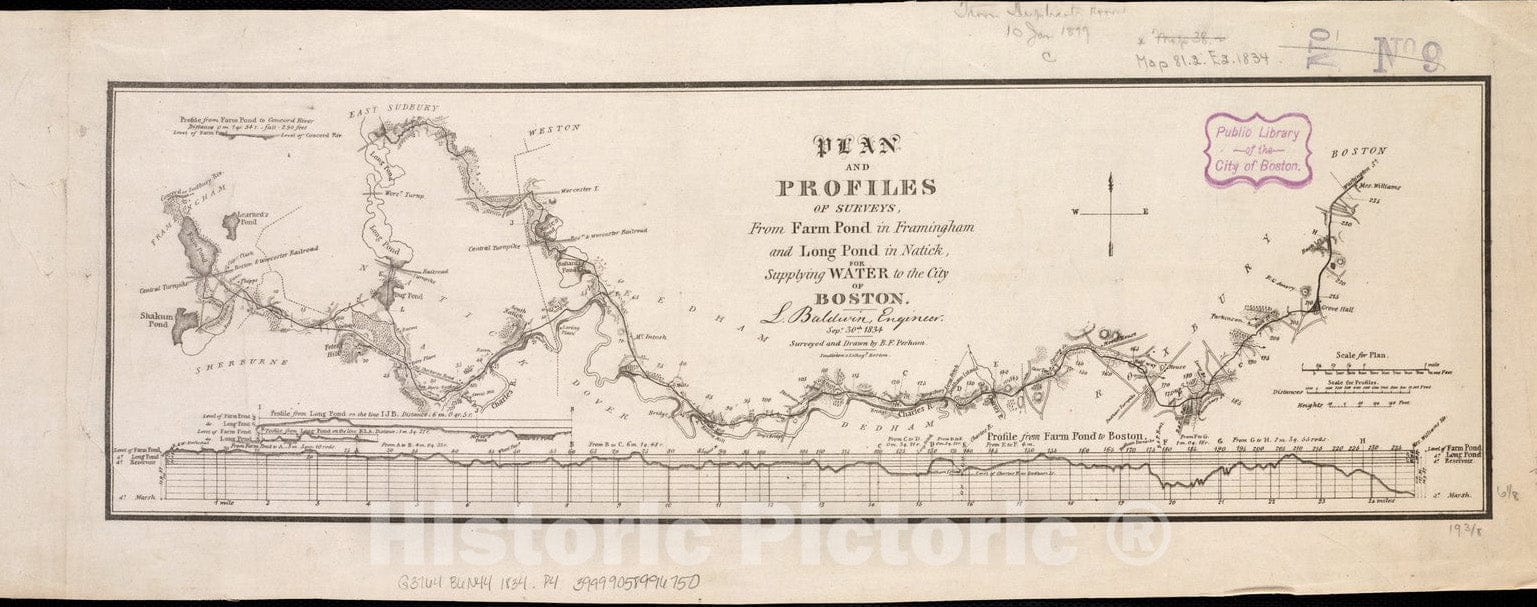 Historical Map, 1834 Plan and Profiles of surveys from Farm Pond in Framingham and Long Pond in Natick, for Supplying Water to The City of Boston, Vintage Wall Art