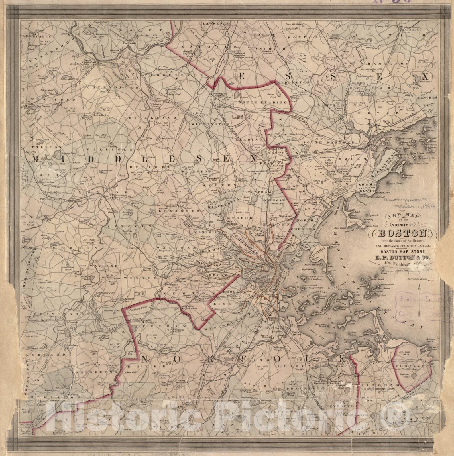 Historical Map, ca. 1860 New map of The Vicinity of Boston, with The Dates of Settlement and Distance from The Capital, Vintage Wall Art