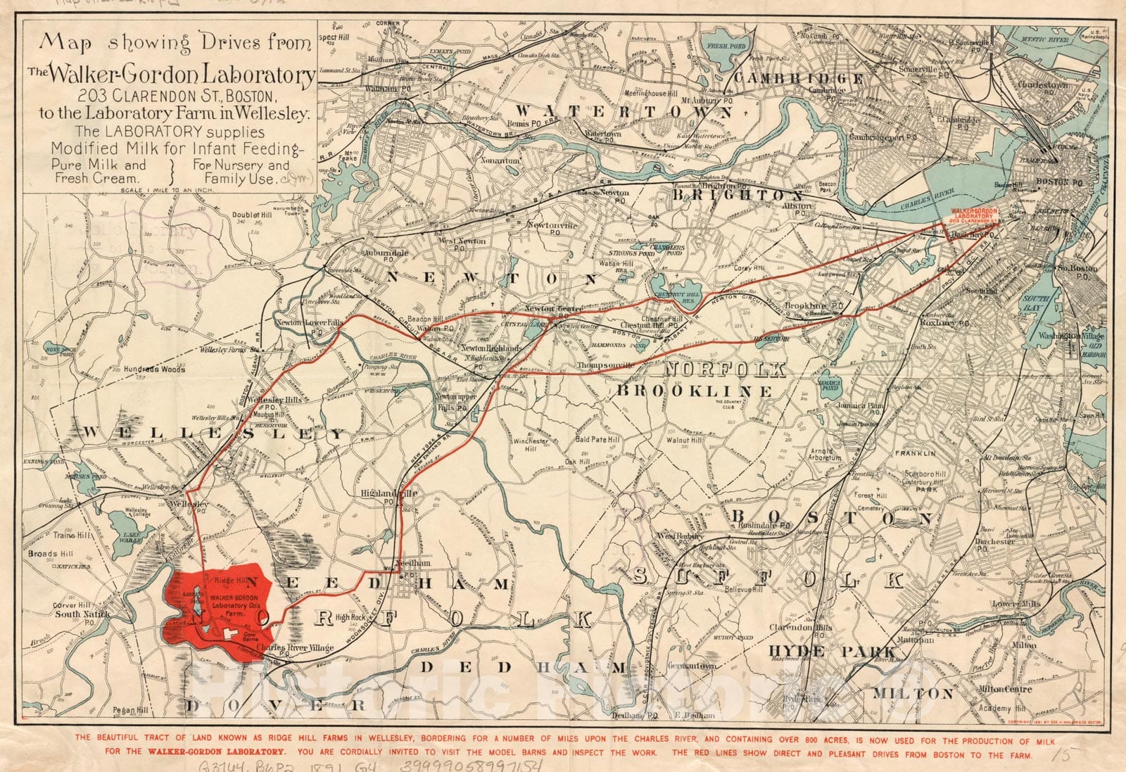 Historical Map, ca. 1891 Map Showing Drives from The Walker-Gordon Laboratory, 203 Claredon St, Boston, to The Laboratory Farm in Wellesley, Vintage Wall Art