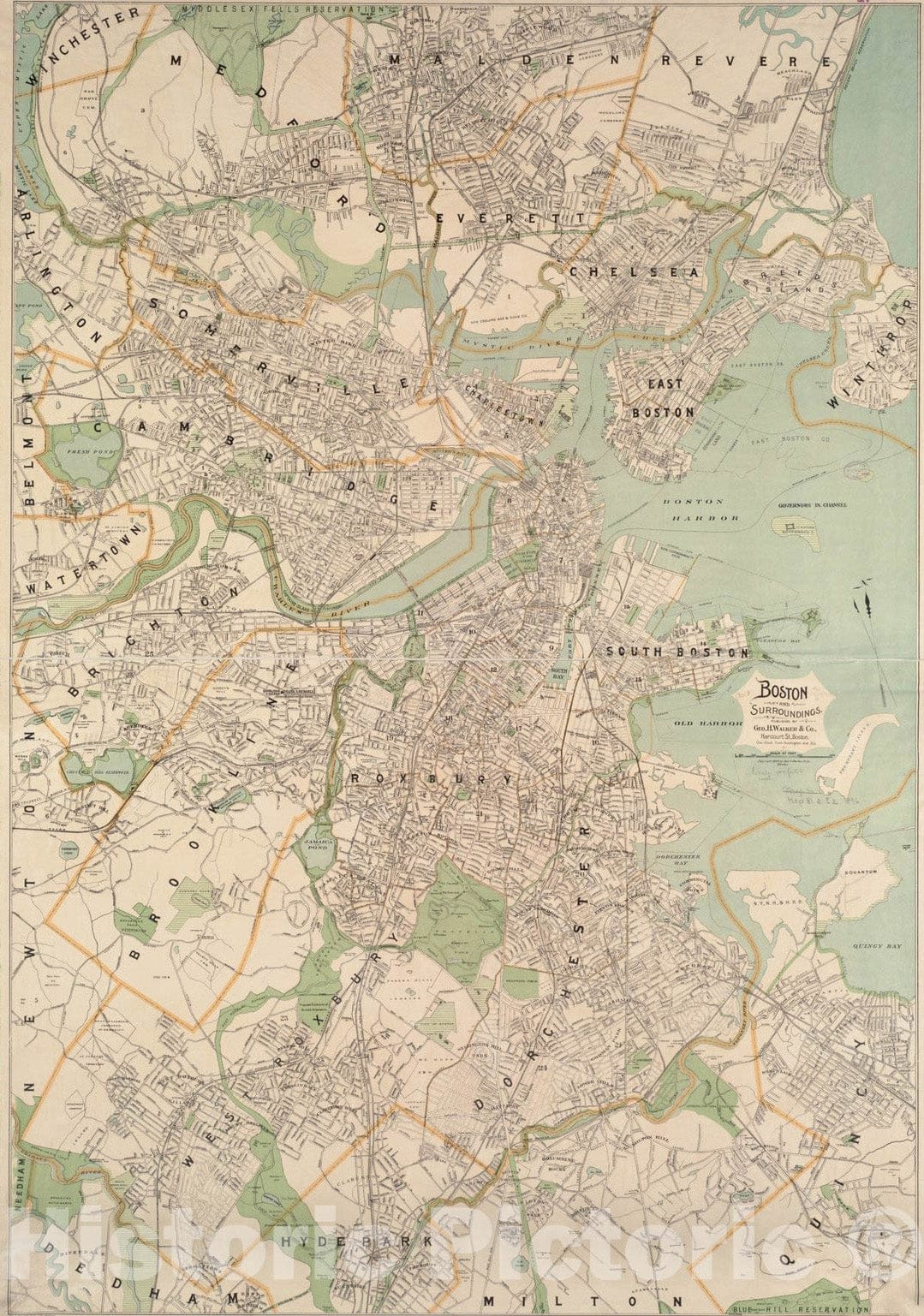 Historical Map, ca. 1896 Boston and surroundings, Vintage Wall Art