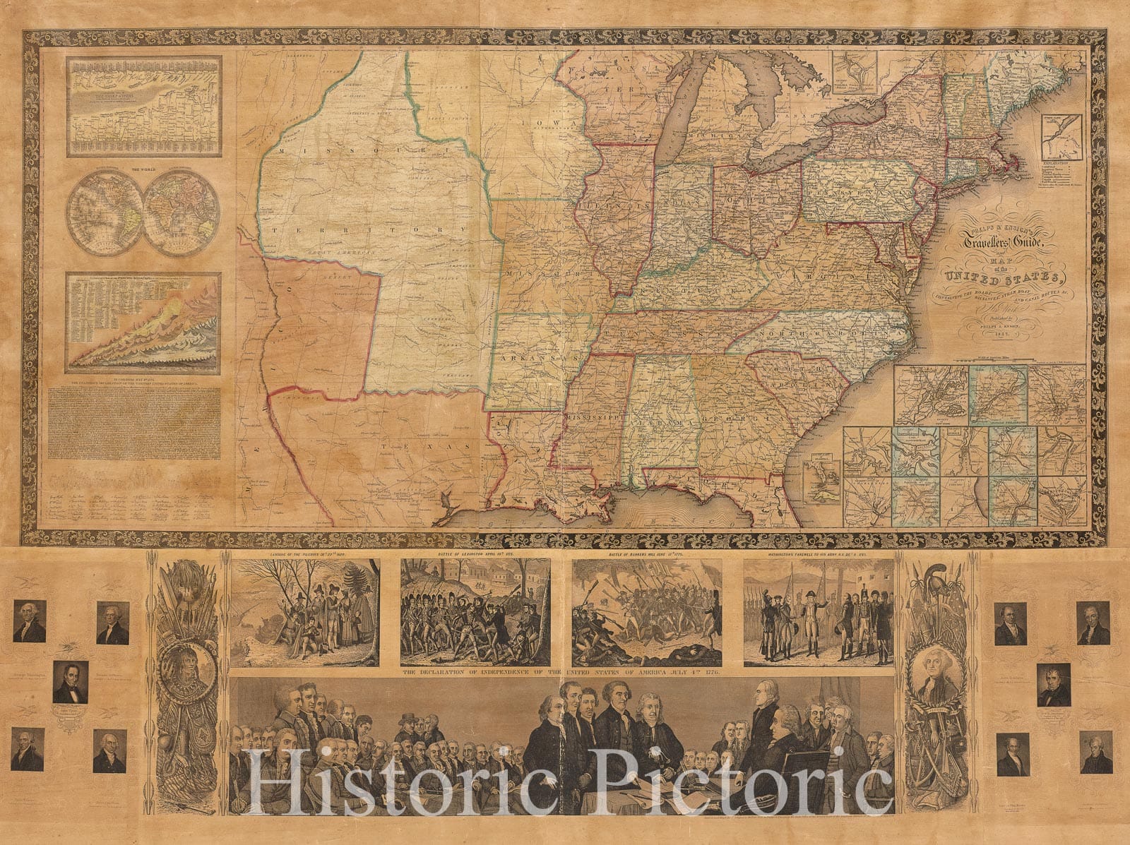 Historical Map, 1842 Phelps & Ensign's Travellers' Guide, and map of The United States, containing The Roads, Distances, steam Boat and Canal Routes et Cetera, Vintage Wall Art