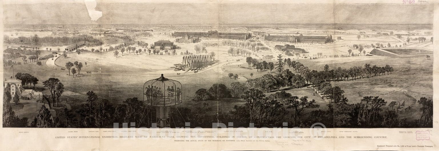 Historical Map, 1876 United States International Exhibition : Bird's-Eye View of Fairmount Park, Showing The Centennial Buildings in Course of Construction, The Grounds, Vintage Wall Art