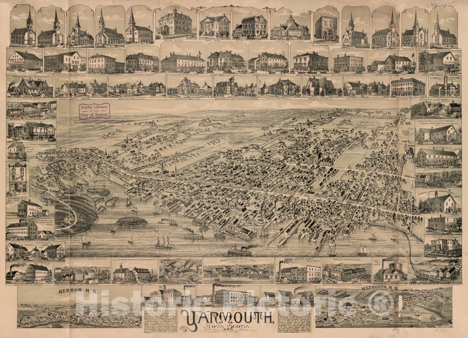 Historical Map, Yarmouth, Nova Scotia : 1889, Vintage Wall Art
