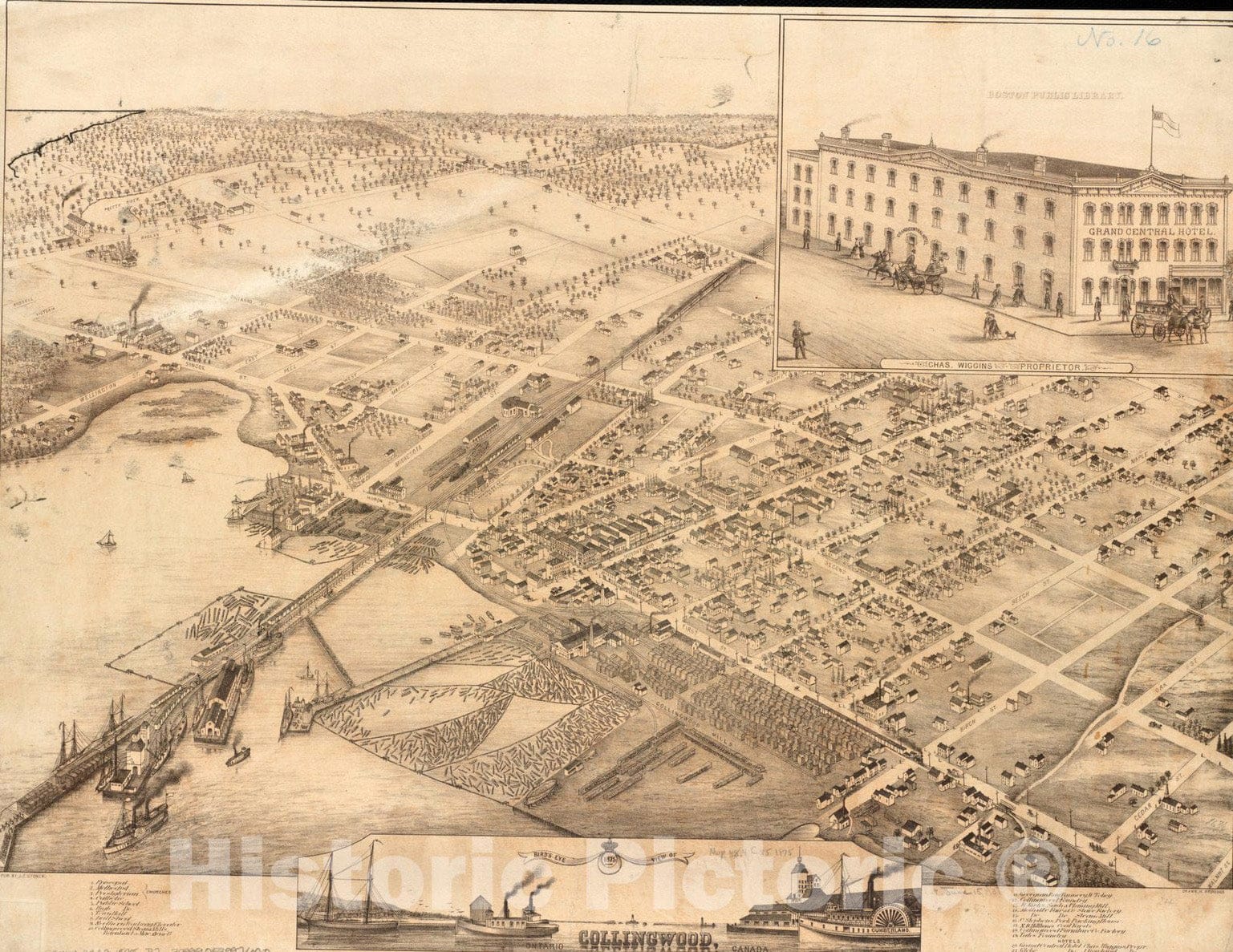 Historical Map, 1875 Bird's Eye View of Collingwood, Ontario, Canada, Vintage Wall Art