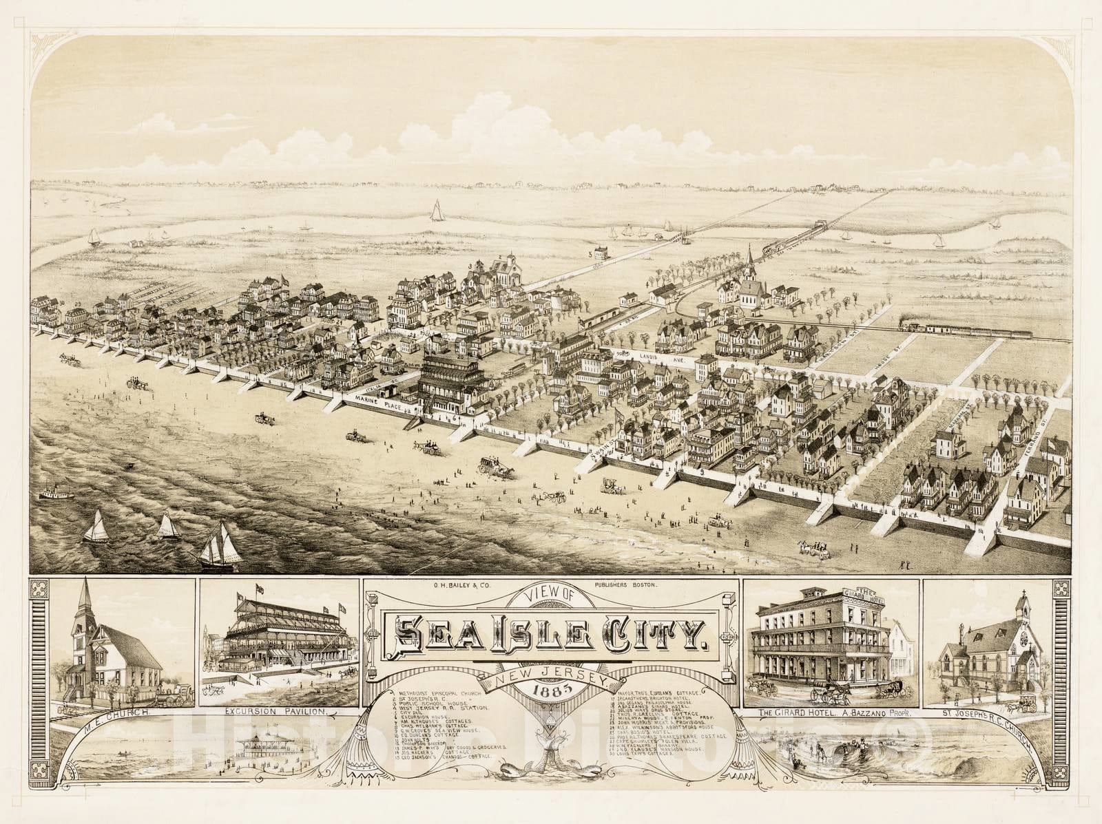 Historical Map, 1885 View of Sea Isle City : New Jersey, Vintage Wall Art