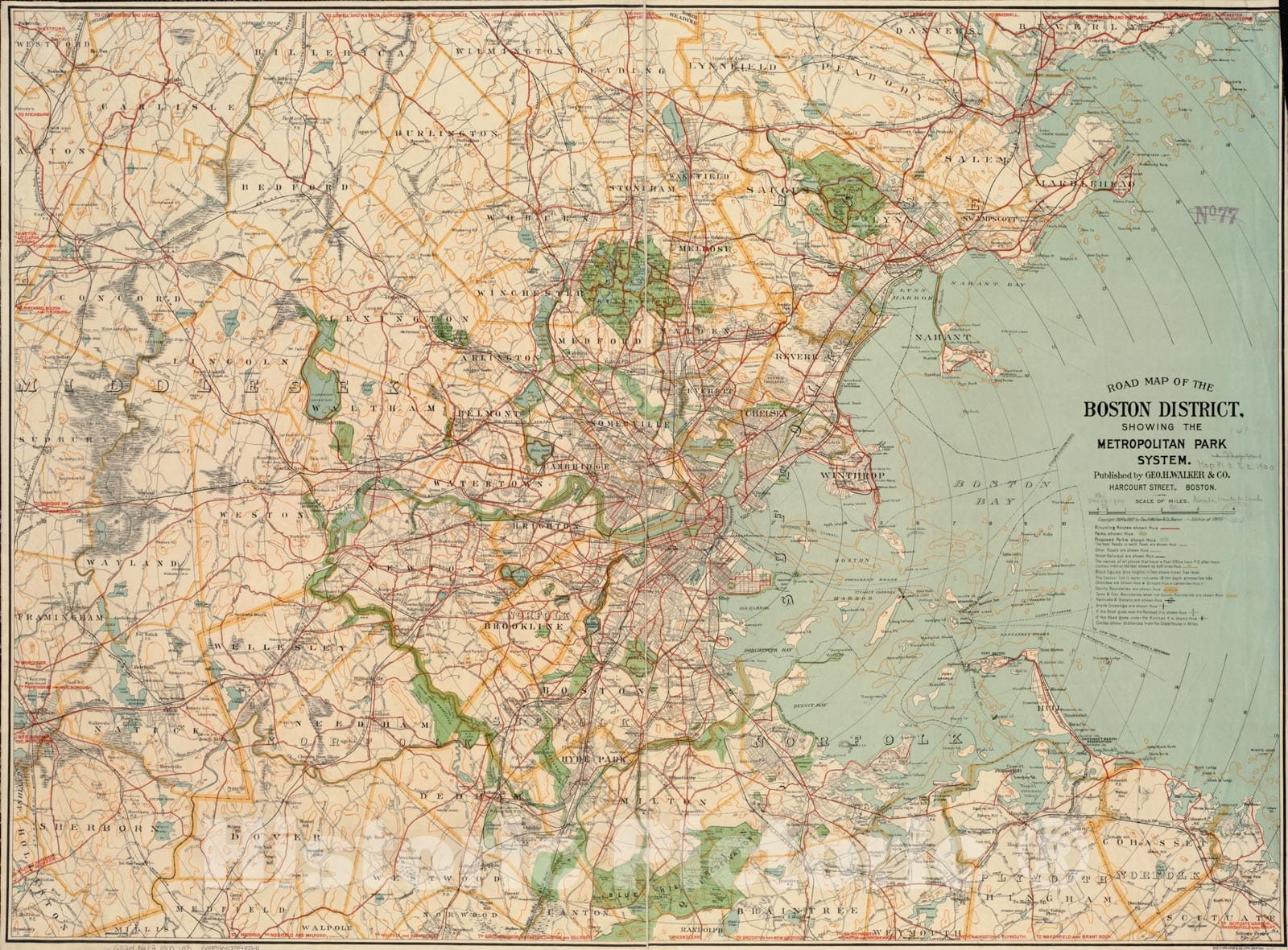 Historical Map, 1900 Road map of the Boston district showing the metropolitan park system, Vintage Wall Art