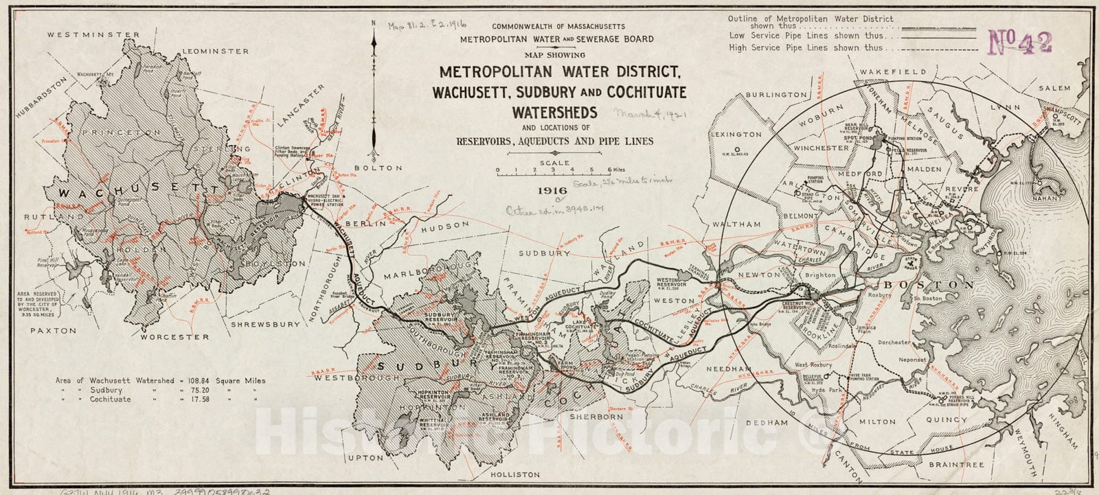 Historical Map, 1916 Map Showing Metropolitan Water District, Wachusett, Sudbury and Cochituate watersheds and Locations of reservoirs, aqueducts and Lead Pipes, Vintage Wall Art