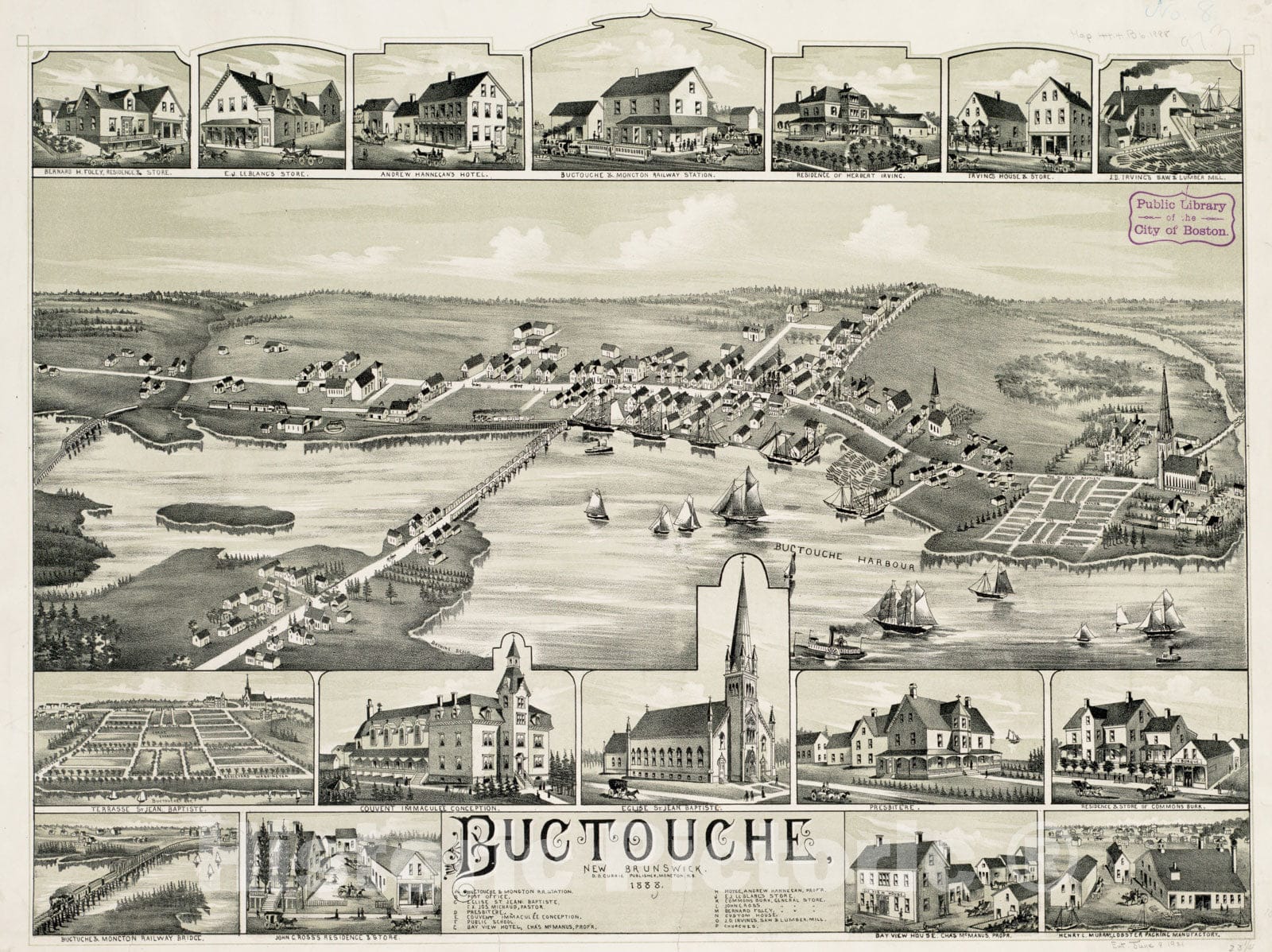 Historical Map, 1888 Buctouche, New Brunswick, Vintage Wall Art