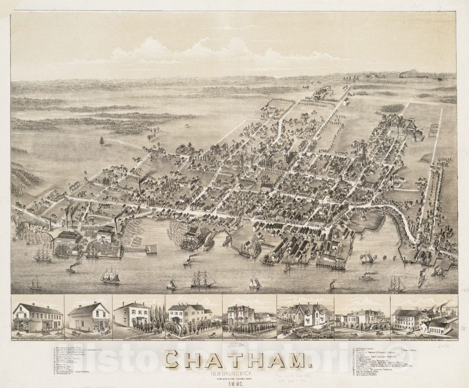 Historical Map, 1881 View of Chatham : New Brunswick, Vintage Wall Art