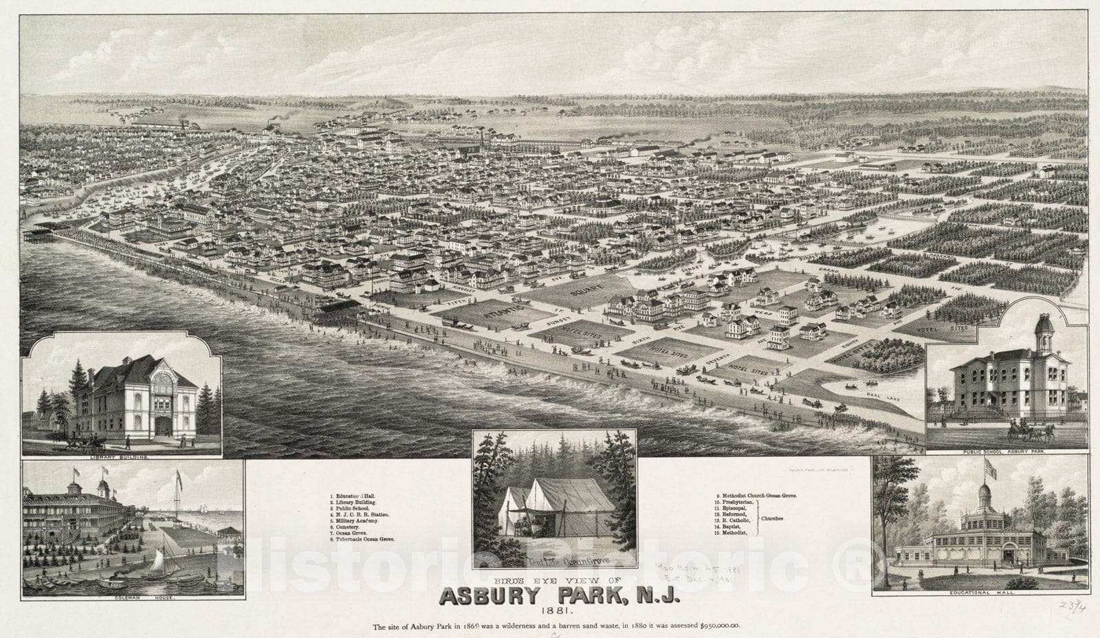 Historical Map, 1881 Bird's Eye View of Asbury Park, N.J, Vintage Wall Art