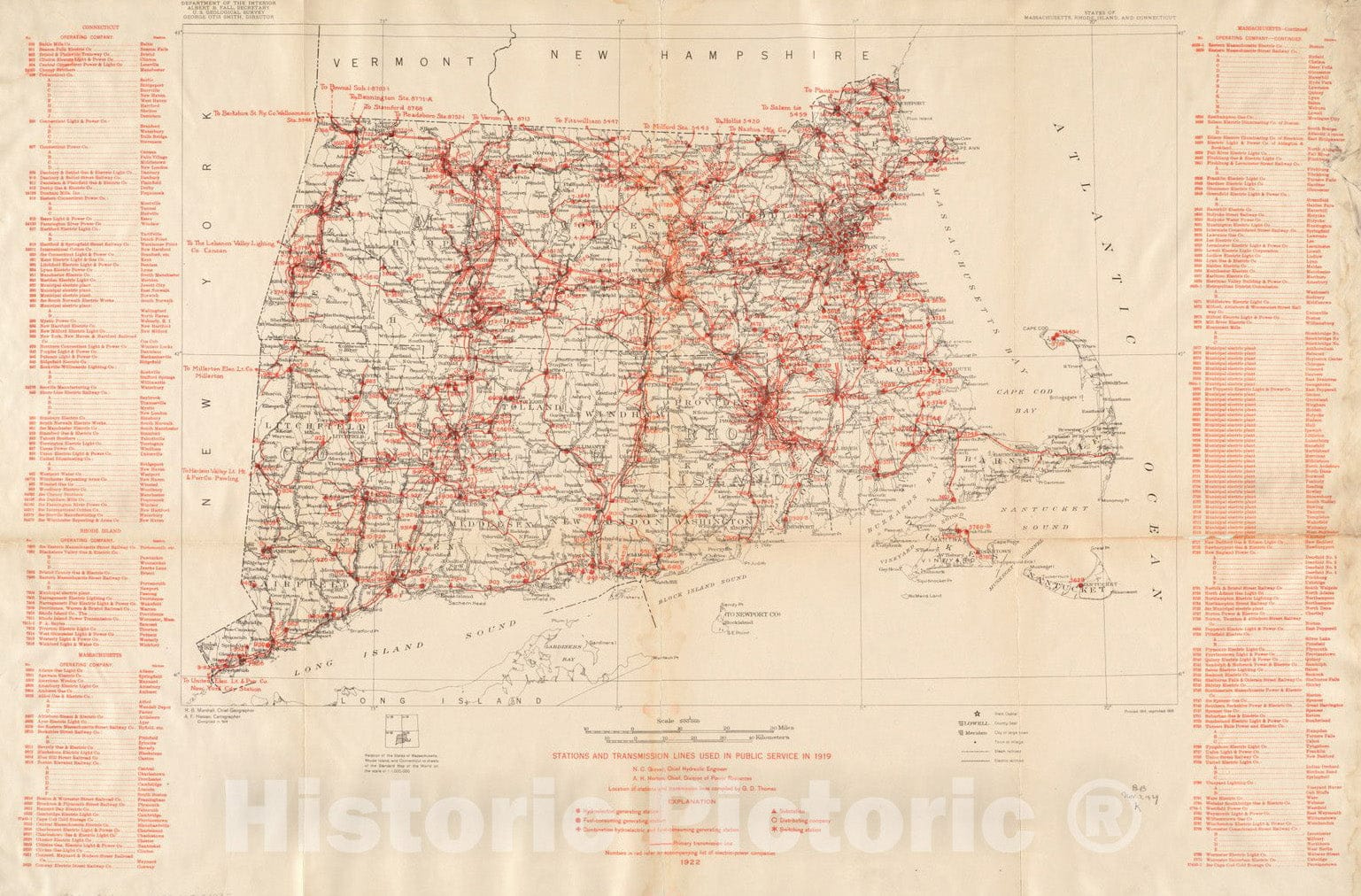Historical Map, Stations and Transmission Lines Used in Public Service in 1919 : [Massachusetts, Rhode Island, and Connecticut], Vintage Wall Art