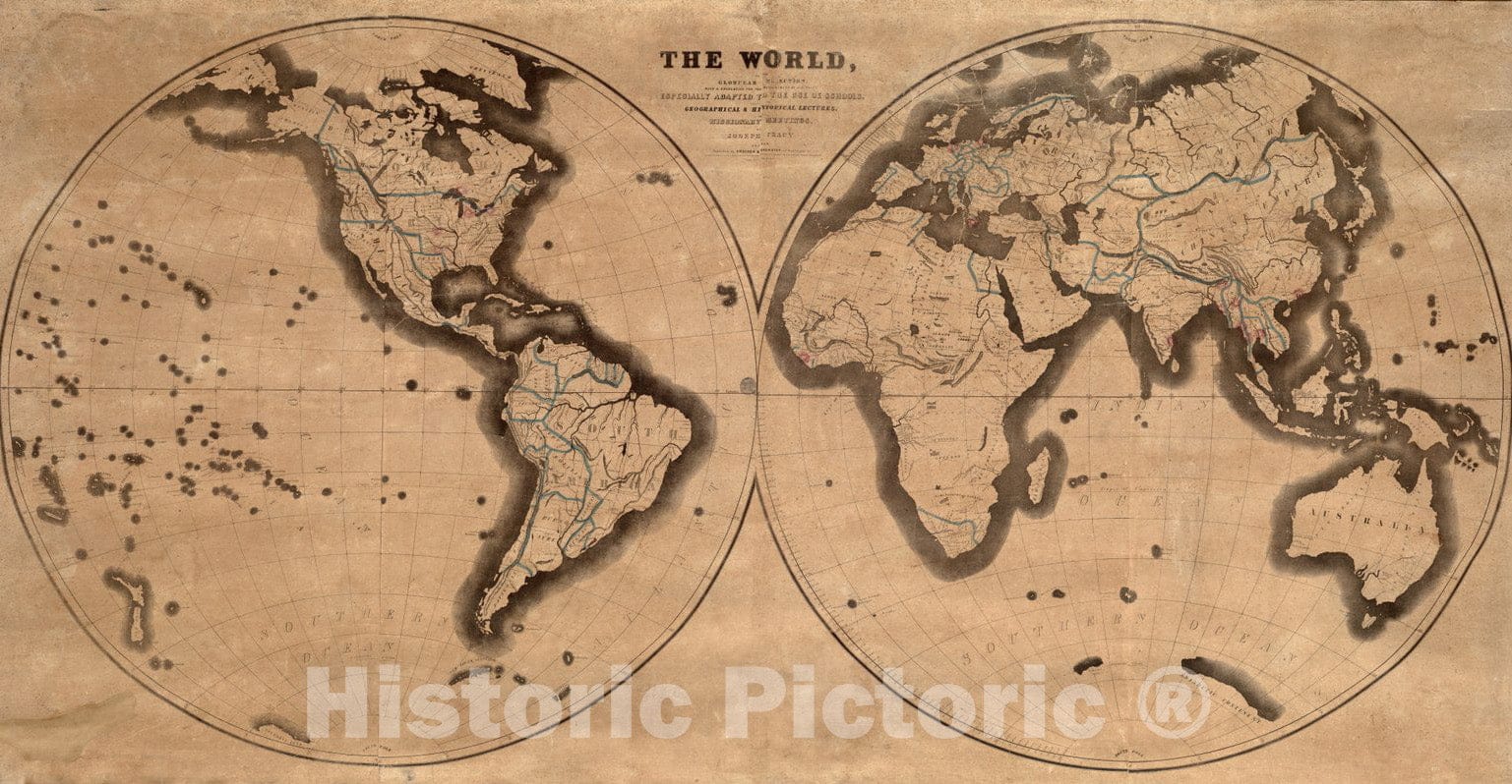 Historical Map, 1843 The World, on The globular Projection with a Graduation for The Measurement of Distances Especially adapted for The use oe Schools, Geographical, Vintage Wall Art